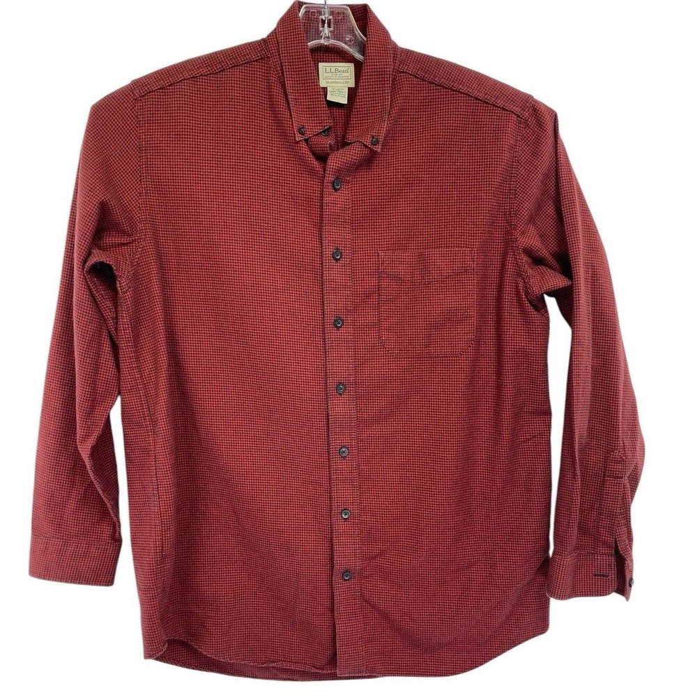 LL Bean Mens Large Tall Red/Black Houndstooth Button Down Flannel Shirt (R14)EUC